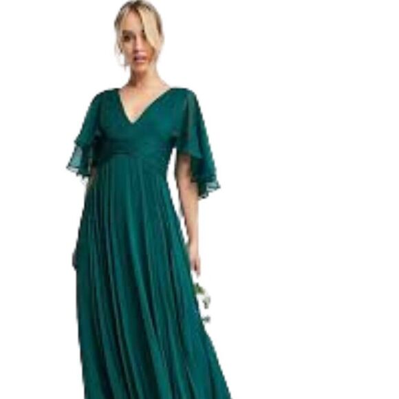 Asos Design Bridesmaid Ruched Bodice Drape Maxi Dress Wrap Waist In Forest Green - Picture 2 of 11